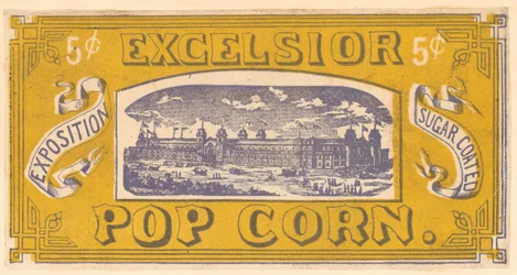 Tarjeta comercial de palomitas Excelsior, Exposición del Centenario, Filadelfia, 1876